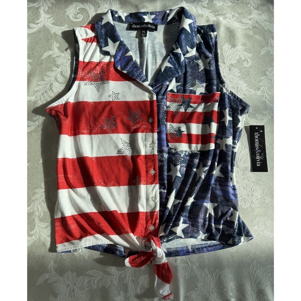 Thomas & Olivia Patriotic Stars & Stripes Sleeveless Tie Front Top Shirt Size PL